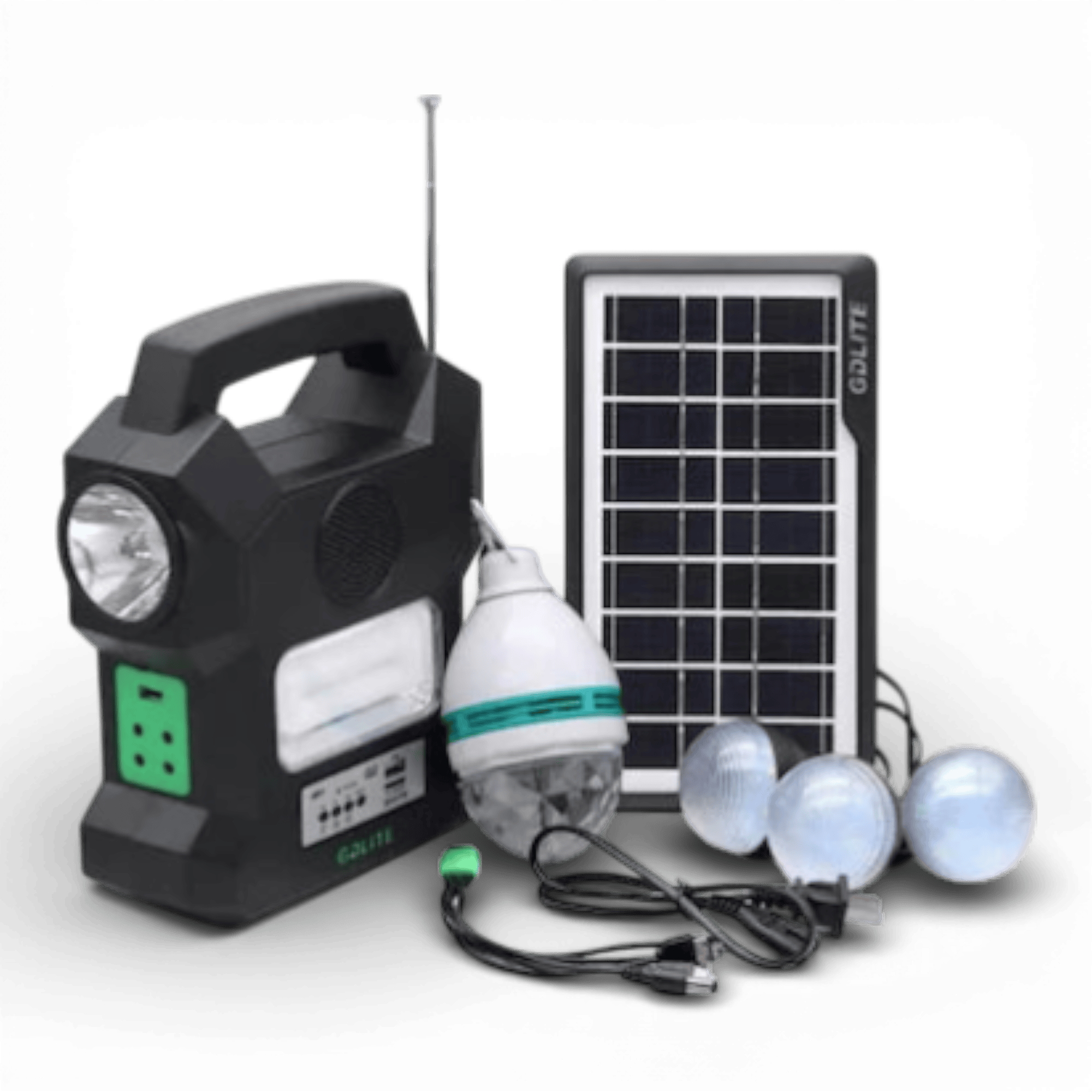 Kit Solar Portabil GDLITE GD-1000A, Panou Solar, USB, Bluetooth, Radio FM, MP3, Lanterna LED, 4 Becuri Incluse, Alimentare 220V