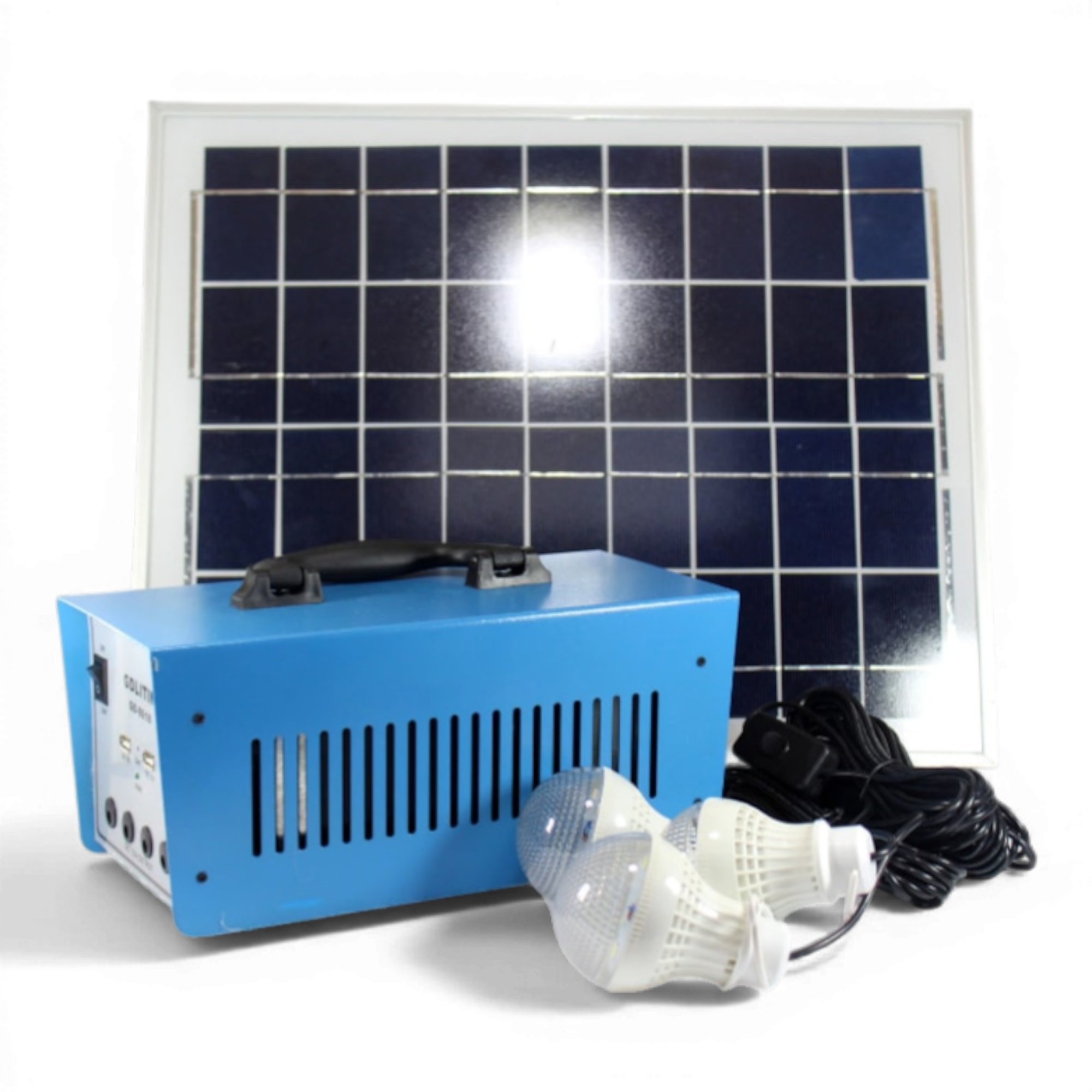 Sistem Fotovoltaic GD Liting GD-8018 – Sistem 12V/12Ah 100W cu Panou Solar 18V/20W, 3 Becuri, Ieşire USB, Alimentare 220V