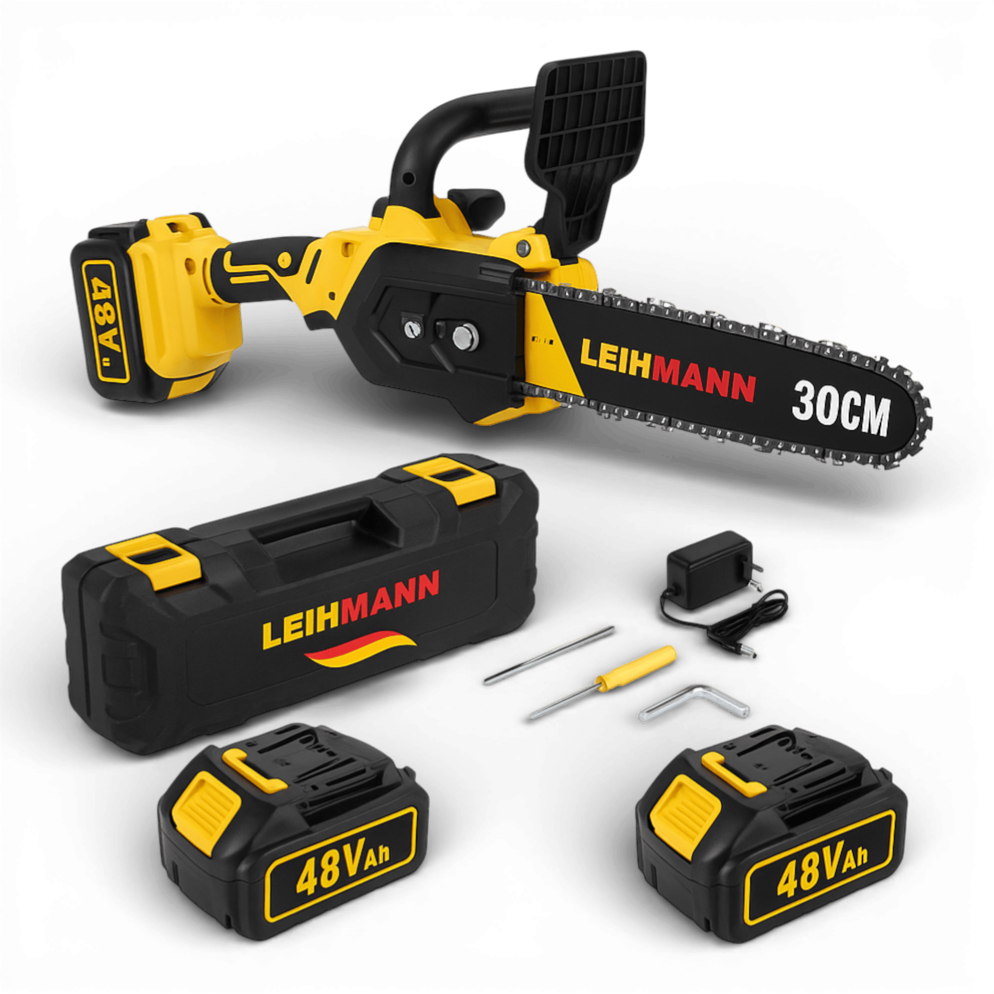 Drujbă electrică LEIHMANN, 12 inch (30 cm), 48V, 2 acumulatori,2 lanțuri, galben/negru