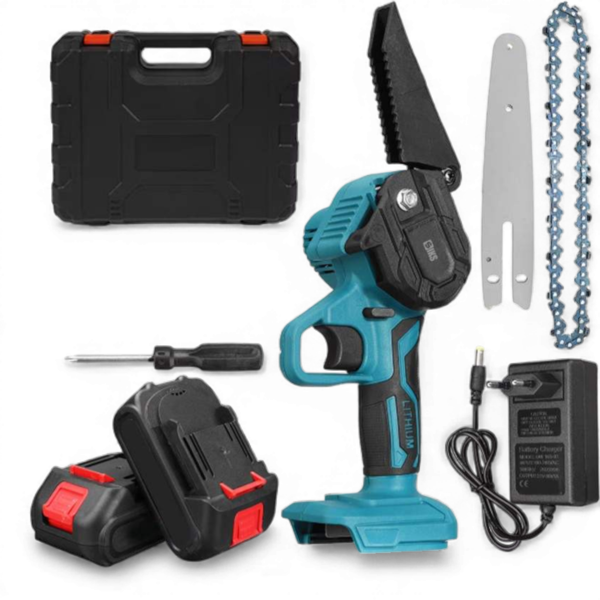 Drujba Fierastrau AEIDEN® cu 2 acumulator 48V, lama 6 inch/15 cm, 2 lanturi, fara fir, portabil, accesorii si valiza incluse