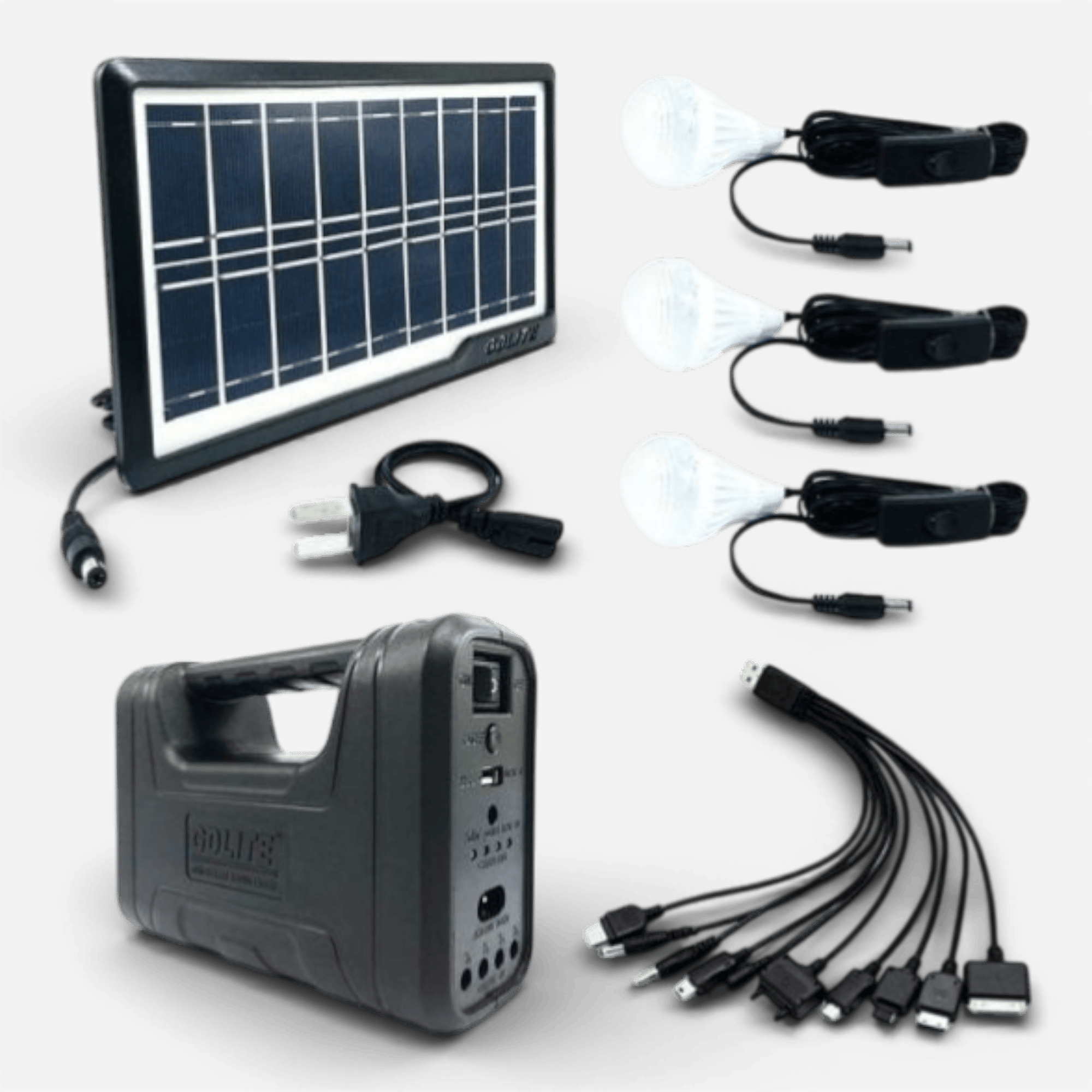 Sistem Solar Pentru Camping Cu 3 Becuri, Panou Solar Inclus, Port USB, Radio FM, MP3 Player, Lanterna Cu Led-Uri, Tensiune 110 - 240 V, 50/60 Hz, Design Modern, Negru