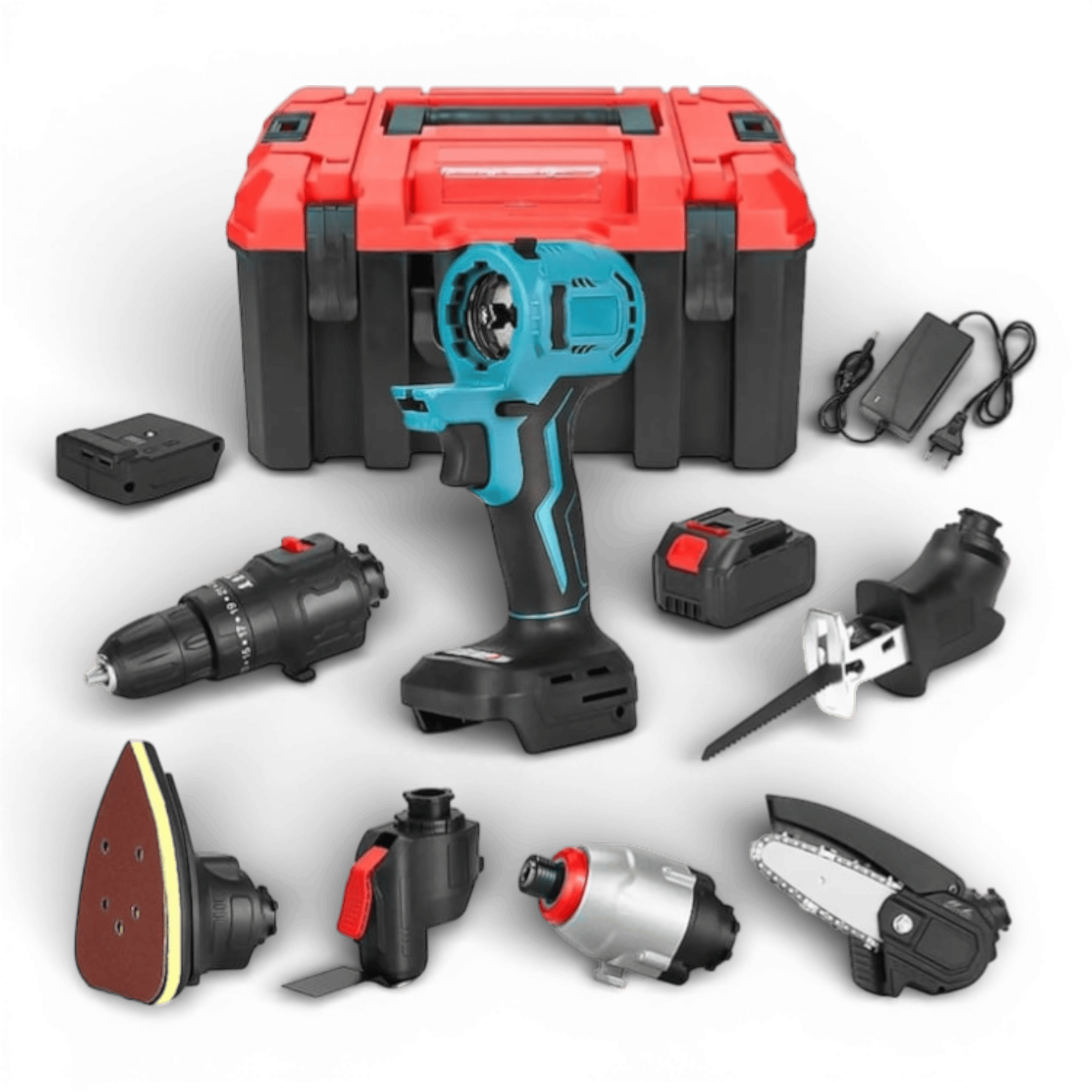 Bormasina fara fir AEIDEN, drujba cu lant interschimbabil, fierastrau sabie, surubelnita, cap de slefuire, lopata, cap multifunctional cu adaptor USB, 2 acumulatori 48V si incarcator, trusa multifunctionala