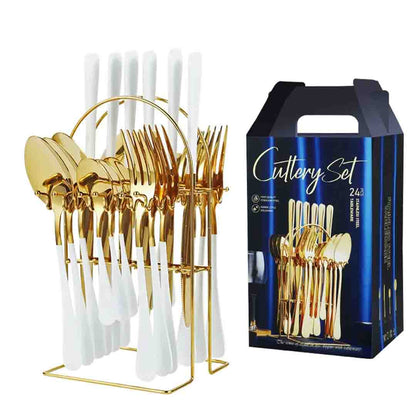 Cutlery Set 24 Pieces, Stand, Stainless Steel, Gold and White, Luxury