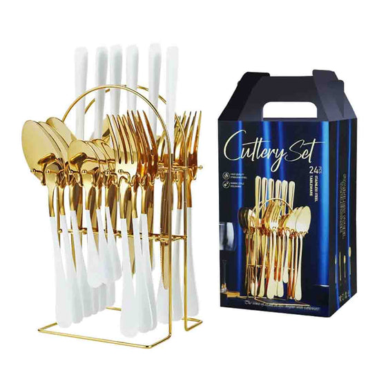 Cutlery Set 24 Pieces, Stand, Stainless Steel, Gold and White, Luxury