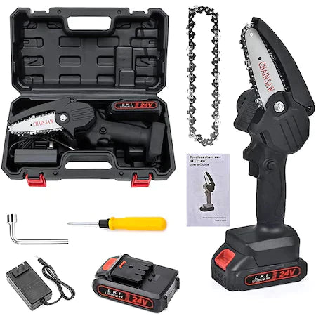 Mini Portable Electric Chainsaw/Saw, 6 Inch, 24V, 4500mAh, 2 Batteries, 2 Chains, Adjustable Frame, Black