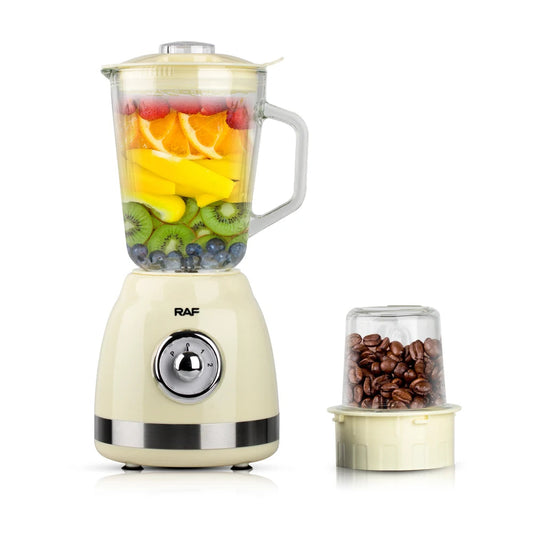 Blender Electric de sticla 2 in 1 RAF® , 1000 W cu Rasnita de Cafea, capacitate recipient 1.5L, 2 trepte viteza, Crem Metalic