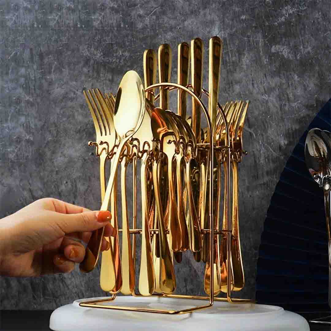 Cutlery Set 24 Pieces, Stand, Stainless Steel, Gold and White, Luxury