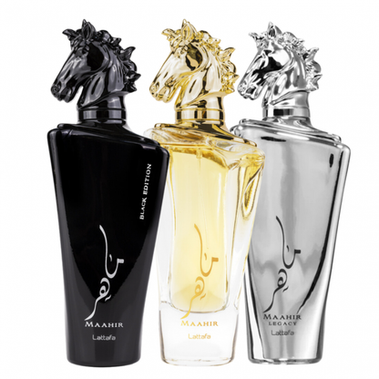 Pachet 3x Parfumuri: Lattafa Maahir Black Edition 100ml, Lattafa Maahir Gold 100ml, Lattafa Maahir Legacy 100ml