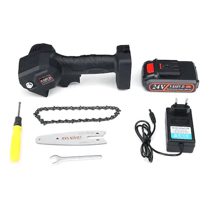 Mini Portable Electric Chainsaw/Saw, 6 Inch, 24V, 4500mAh, 2 Batteries, 2 Chains, Adjustable Frame, Black