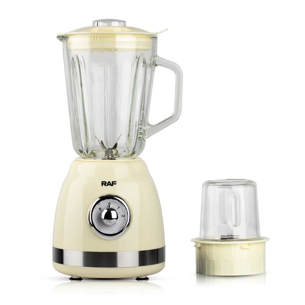 Blender Electric de sticla 2 in 1 RAF® , 1000 W cu Rasnita de Cafea, capacitate recipient 1.5L, 2 trepte viteza, Crem Metalic