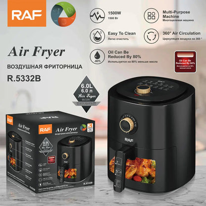 Air Fryer RAF R5332B, Friteuza cu aer cald, Fara ulei, Capacitate 6L, 1500W, Negru