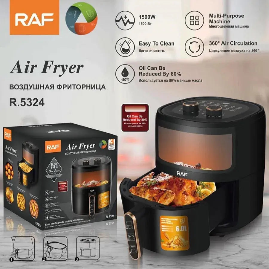 Air Fryer RAF-5324B, Friteuza cu aer cald, Fara ulei, Capacitate 6L, 1500W, Negru