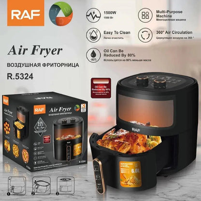 Air Fryer RAF-5324B, Friteuza cu aer cald, Fara ulei, Capacitate 6L, 1500W, Negru