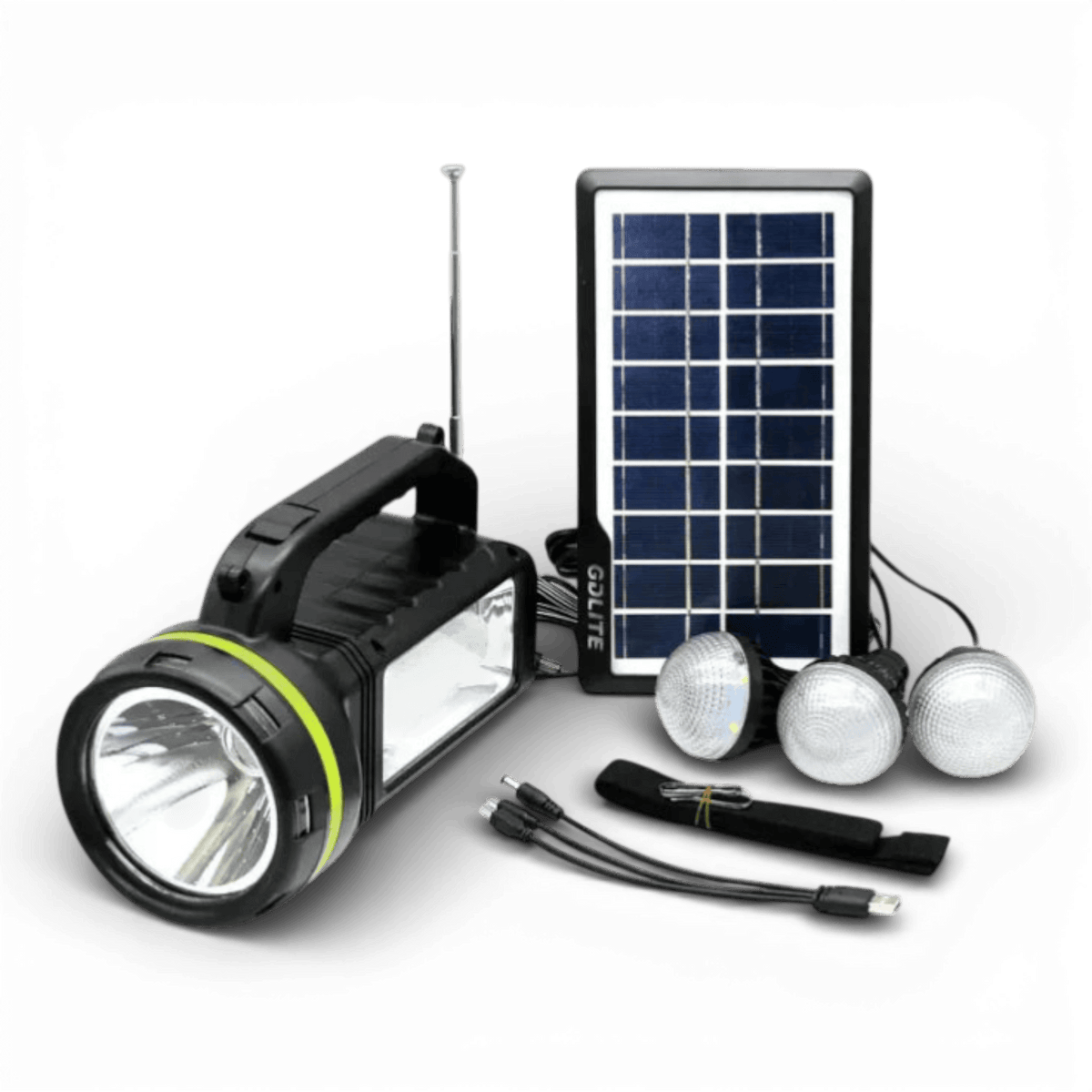 Kit Solar Portabil GDLite GD-2000A, Panou solar, USB, Bluetooth, Radio FM, MP3, Lanterna LED, 3 Becuri Incluse, Incarcare telefonica, Alimentare 220V