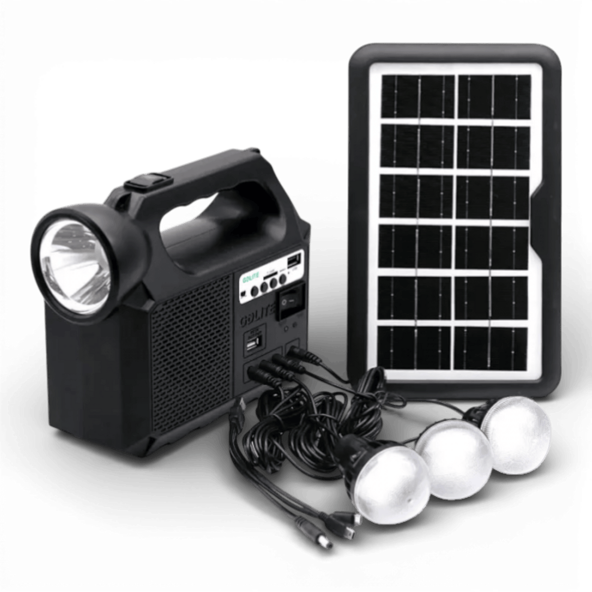 Kit Solar Portabil GDLite GD-8017M, Panou solar, USB, Bluetooth, Radio FM, MP3, Lanterna LED, 3 Becuri Incluse, Incarcare telefonica