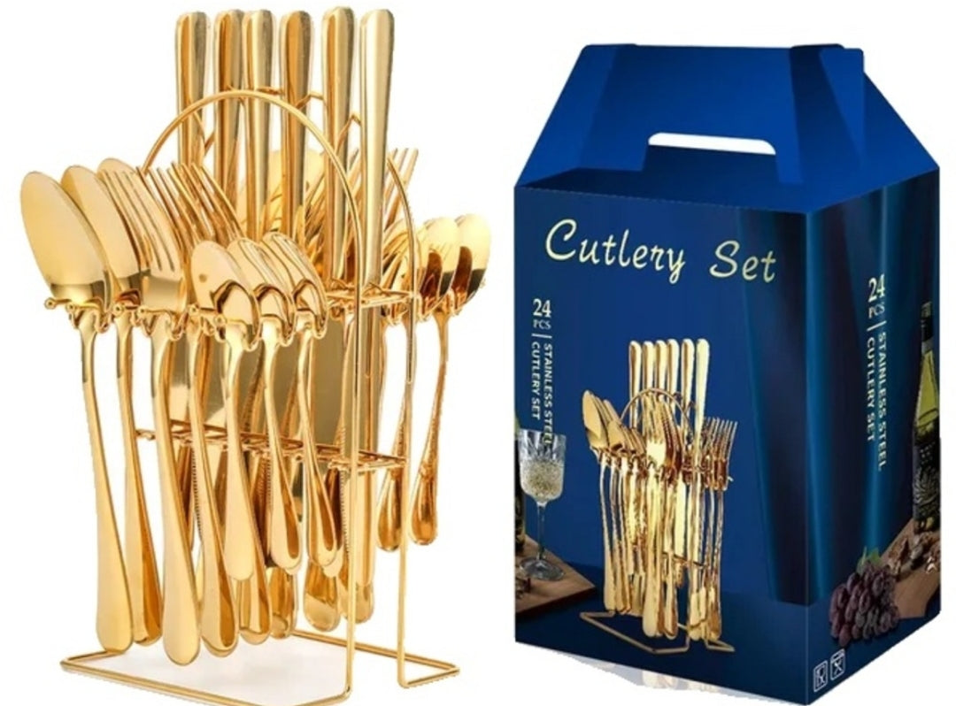 Cutlery Set 24 Pieces, Stand, Stainless Steel, Gold