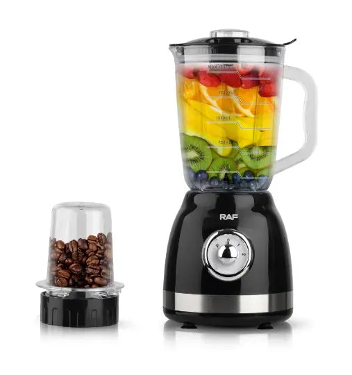 Blender Electric de sticla 2 in 1 RAF® , 1000 W cu Rasnita de Cafea, capacitate recipient 1.5L, 2 trepte viteza, Negru