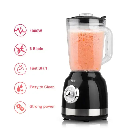 Blender Electric de sticla 2 in 1 RAF® , 1000 W cu Rasnita de Cafea, capacitate recipient 1.5L, 2 trepte viteza, Negru