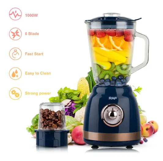 Blender Electric de sticla 2 in 1 RAF® , 1000 W cu Rasnita de Cafea, capacitate recipient 1.5L, 2 trepte viteza, Albastru