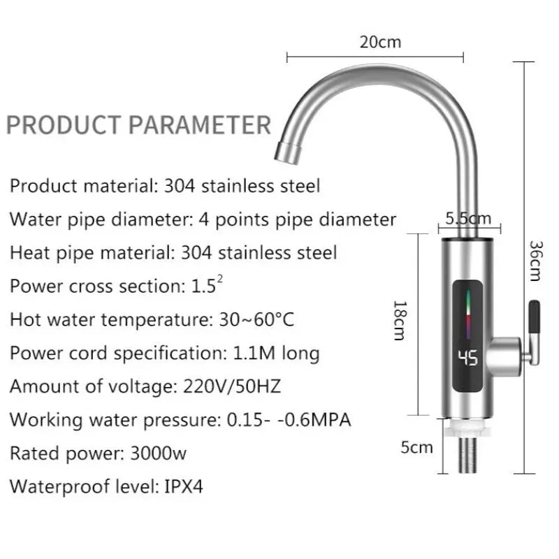 Robinet electric instant din inox, cu display si rotire 360 grade, 3000W