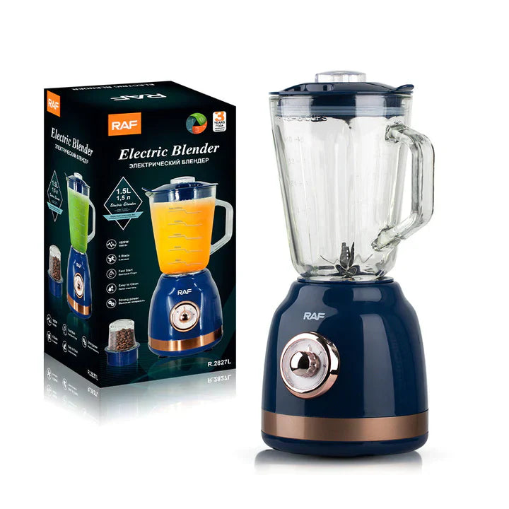 Blender Electric de sticla 2 in 1 RAF® , 1000 W cu Rasnita de Cafea, capacitate recipient 1.5L, 2 trepte viteza, Crem Metalic