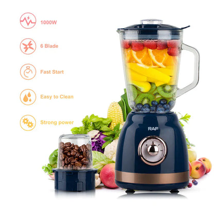 Blender Electric de sticla 2 in 1 RAF® , 1000 W cu Rasnita de Cafea, capacitate recipient 1.5L, 2 trepte viteza, Crem Metalic