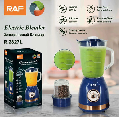 Blender Electric de sticla 2 in 1 RAF® , 1000 W cu Rasnita de Cafea, capacitate recipient 1.5L, 2 trepte viteza, Albastru