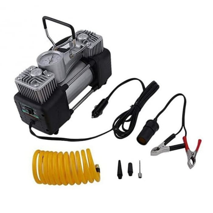 Kit pana auto complet, compresor cu 2 cilindri, 500W, metal, accesorii incluse, alimentare la priza 12V, rezistent la apa, protectie suprasarcina, Galben/Negru