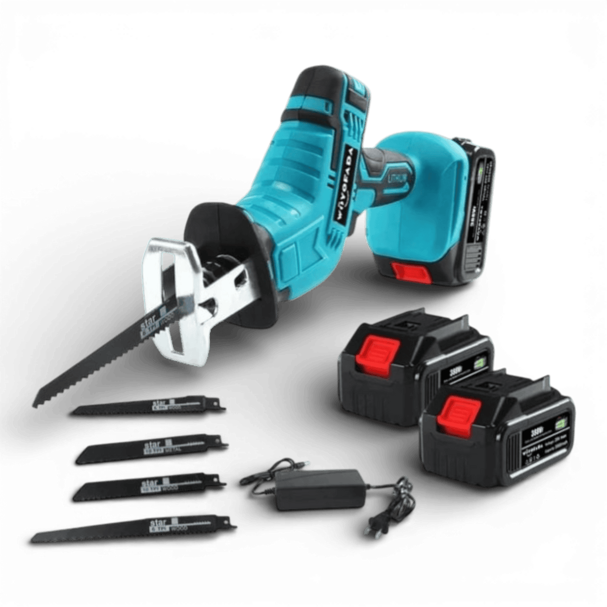 Fierastrau electric tip sabie AEIDEN ®, cu 2 acumulatori 48V 5000 mAh, 4 panze, valiza de transport, Albastru