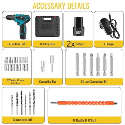 Set Bormasina Electrica DASGUT cu 2 Acumulatori 12V, Set 24 de Accesorii, 1400 RPM