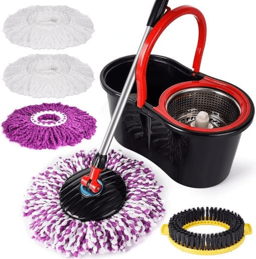 Set Mop Magic Rotativ 360° cu Talpă și Cuvă din Inox, 4 Rezerve Diferite + Perie Rosturi, Covoare Incluse