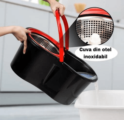 Set Mop Magic Rotativ 360° cu Talpă și Cuvă din Inox, 4 Rezerve Diferite + Perie Rosturi, Covoare Incluse