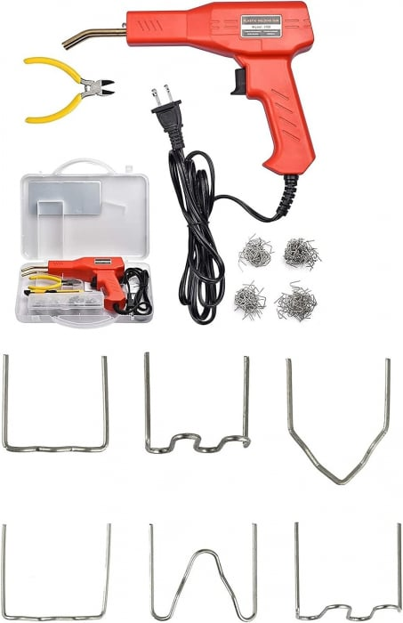 Trusa Aparat Sudat Plastic, Pistol Profesional pentru Lipit/Sudat Plastic, kit pentru Repararea Fisurilor din Plastic, Polipropilena, 200 Capse de Intarire, Putere 50W