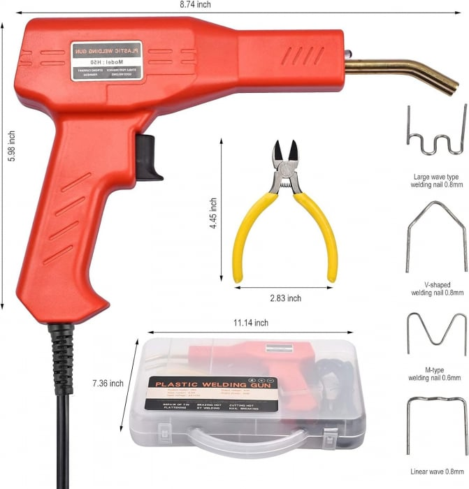 Trusa Aparat Sudat Plastic, Pistol Profesional pentru Lipit/Sudat Plastic, kit pentru Repararea Fisurilor din Plastic, Polipropilena, 200 Capse de Intarire, Putere 50W