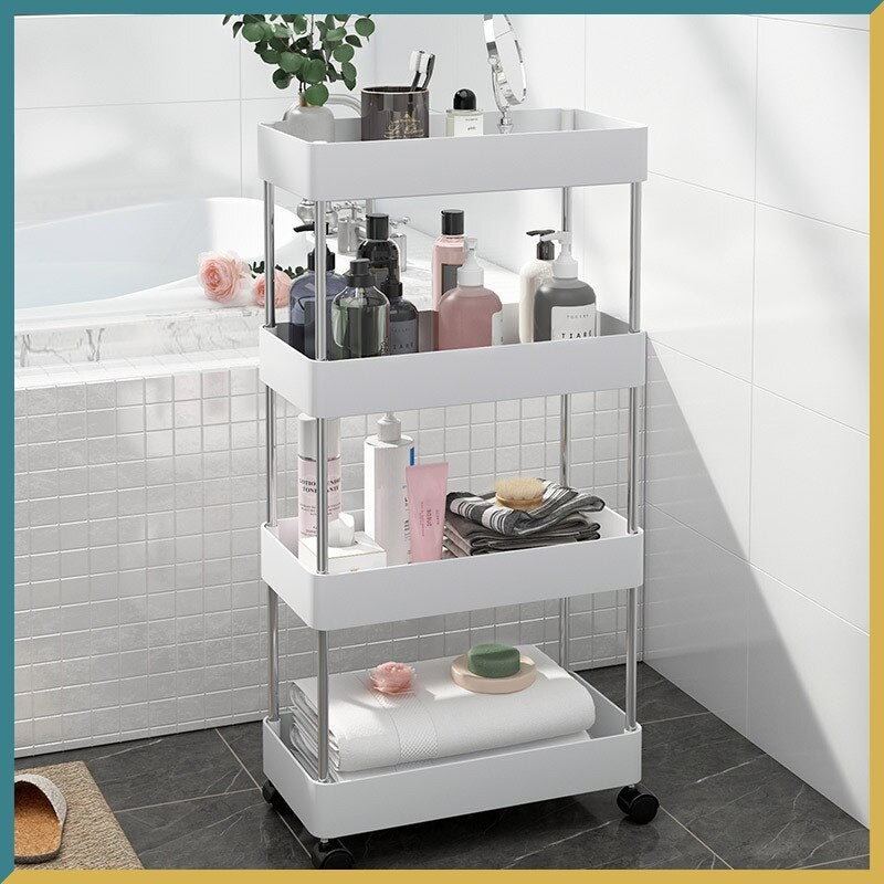 Storage support, with 4 shelves and wheels, for bathroom or kitchen 