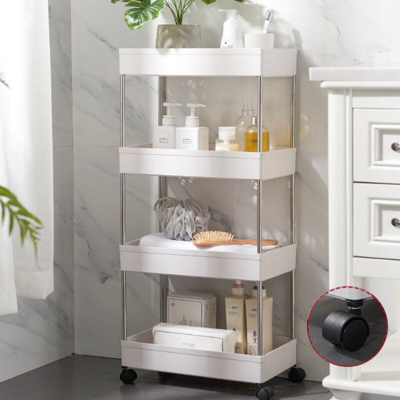 Storage support, with 4 shelves and wheels, for bathroom or kitchen 