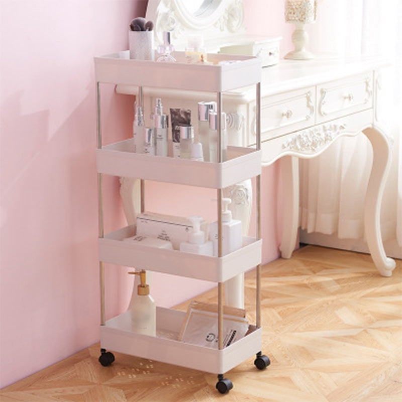 Storage support, with 4 shelves and wheels, for bathroom or kitchen 