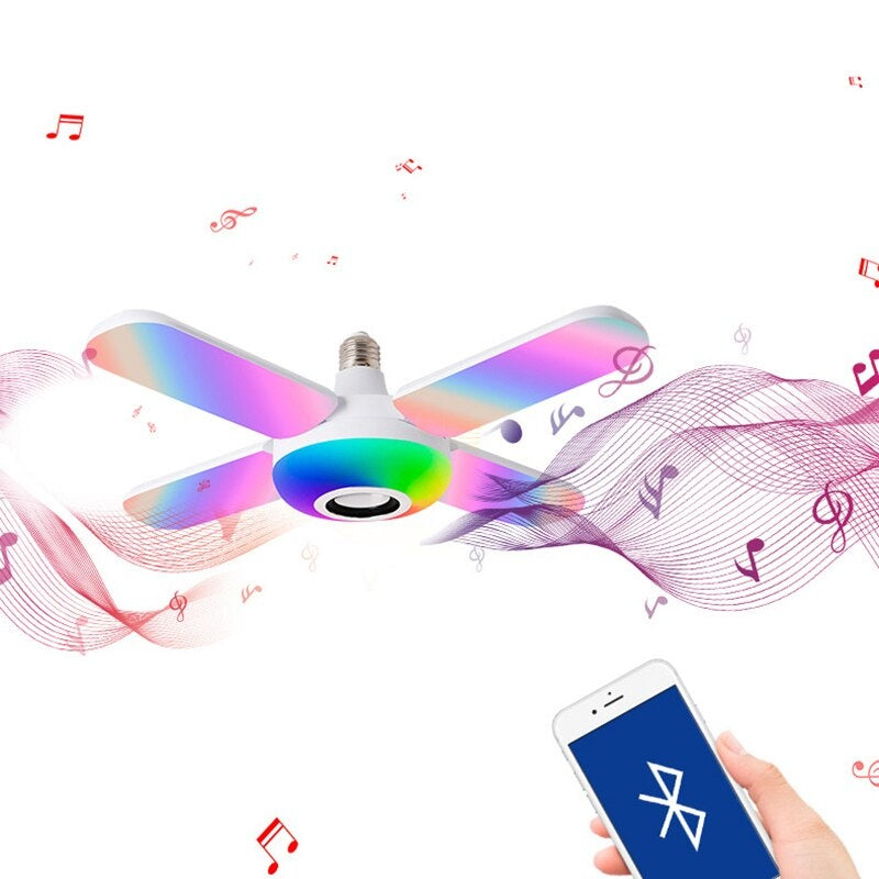 Bulb with four arms, multicolored light, music function via bluetooth and with included remote control 