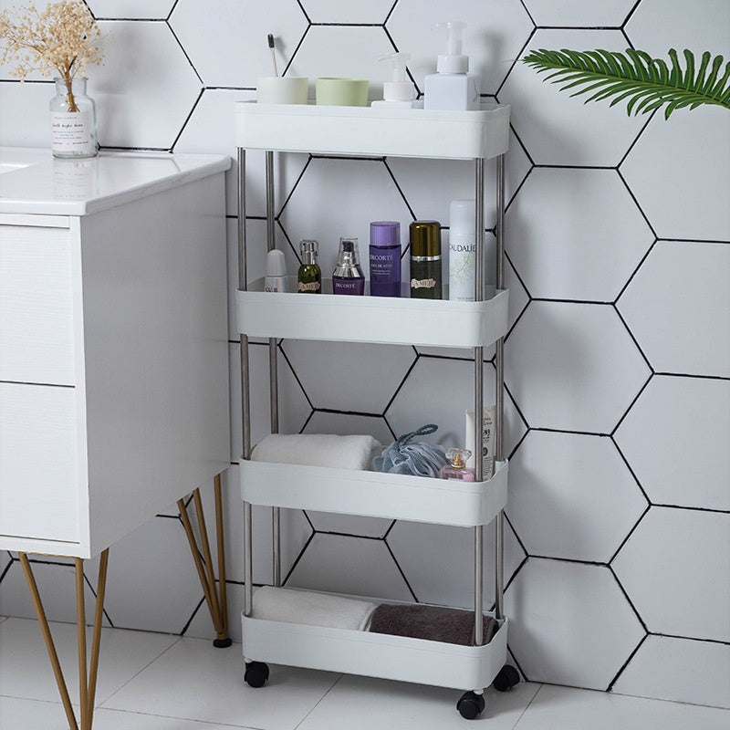 Storage support, with 4 shelves and wheels, for bathroom or kitchen 