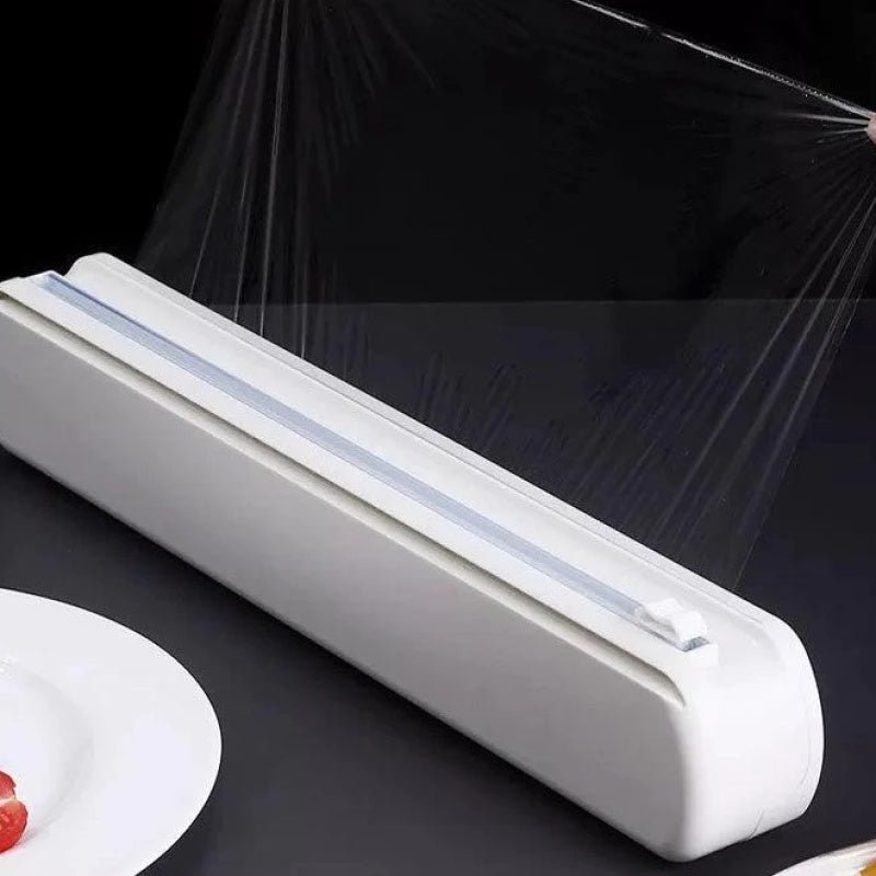 Stretch food foil dispenser, with suction cups and cutting device 