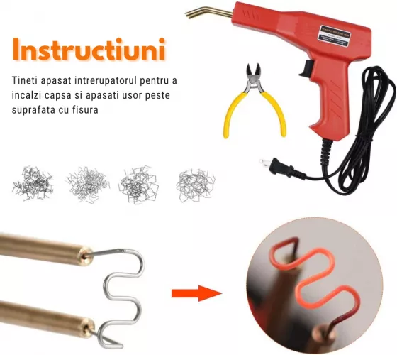 Trusa aparat sudat plastic, pistol profesional pentru lipit/sudat plastic, kit pentru repararea fisurilor din plastic, polipropilena, 200 capse de intarire, putere 50W