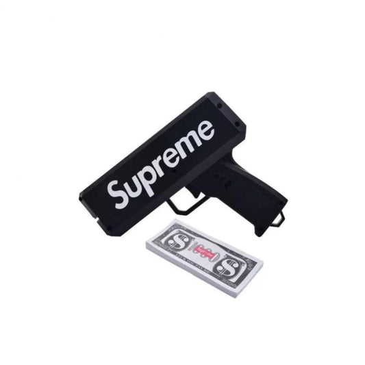 Pistol SUPREME de aruncat bani sau pliante, pentru petreceri si aniversari, 100 de bancnote incluse, negru