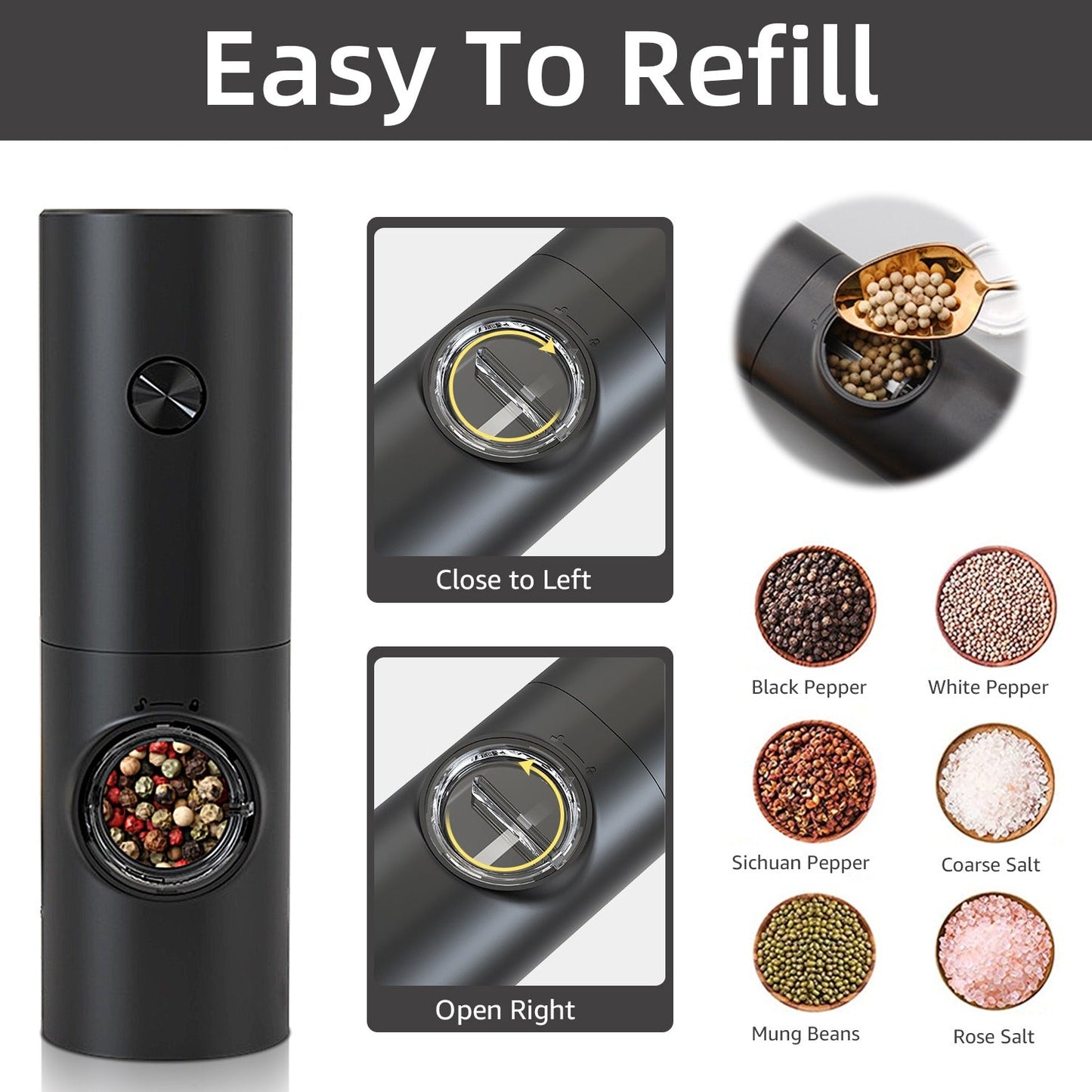 Electric Salt/Pepper Grinder, Spices, Black, With Battery, LED Indicator, Adjustable Thickness 