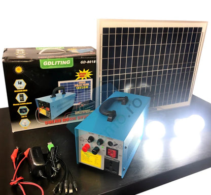 Sistem Fotovoltaic cu Panou Solar 12V/12A 100W, 3 Becuri, Iesire USB, Acumulator Incorporat, Alimentare 220 V