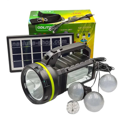 Kit Solar Portabil GDLite GD-2000A, Panou solar, USB, Bluetooth, Radio FM, MP3, Lanterna LED, 3 Becuri Incluse, Incarcare telefonica, Alimentare 220V