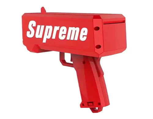 SUPREME gun for throwing money or leaflets, for parties and birthdays, 100 banknotes included, red 