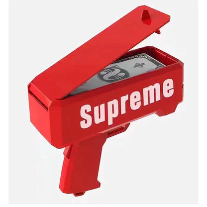 SUPREME gun for throwing money or leaflets, for parties and birthdays, 100 banknotes included, red 