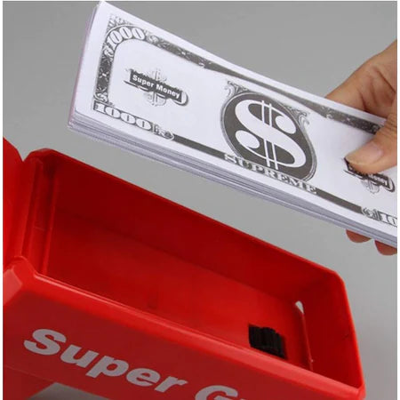 SUPREME gun for throwing money or leaflets, for parties and birthdays, 100 banknotes included, red 