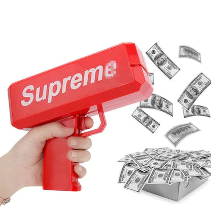 SUPREME gun for throwing money or leaflets, for parties and birthdays, 100 banknotes included, red 