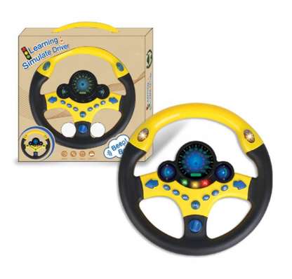 Interactive toy steering wheel with sounds and lights, 360 degree rotation